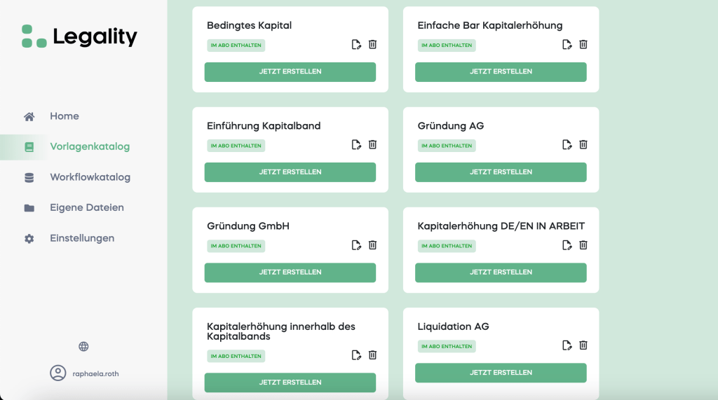 Screenshot of the Legality platform showcasing the template catalog with various options for capital-related documents.
